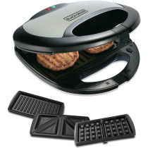 Black+Decker 750W Sandwich Maker 2 Slot Non-Stick 3 In 1 Interchangable Sandwich Grill And Waffle Maker, With Indicator And Ready To Cook Lights For Quick And Easy Dishes TS2090-B5, 1 Year Warranty