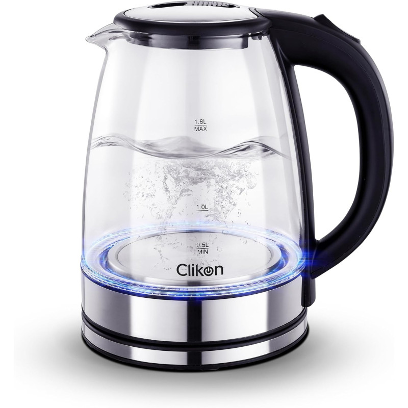 Clikon 1.8 Liter Glass Body Electric Cordless Kettle With 360 Degree Swivel Base, Power Cord Storage, Auto Cut-Off Function, Led Indicator, 1500 Watts, 2 Years Warranty, Clear - CK5138