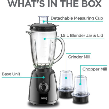 Black+Decker Blender With Grinder Mills, 400W Power, 1.5L With 300ml 2 Grinding Mills, Stainless Steel Blades And Two Pulse Control For Fine And Grinding Of Coffee Herbs, BX440-B5, 1 Year Warranty