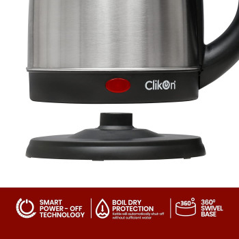 Clikon 1.8 Liter Stainless Steel Electric Cordless Kettle With 360 Degree Swivel Base, Power Cord Storage, Auto Cut-Off Function, Led Indicator, 2 Years Warranty, 1500 Watt, Silver - Ck5125