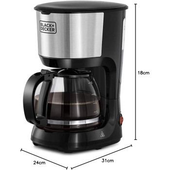 Black+Decker 750W 1.25L Coffee Maker Coffee Machine 10 Cup Glass Carafe, With Drip Stop Mechanism To Avoid Spillage And Dishwasher Safe, For Drip Coffee And Expresso Black DCM750S-B5, 1 Year Warranty