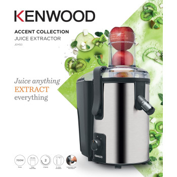 Kenwood Juicer 700W Stainless Steel Juice Extractor With 75mm Wide Feed Tube, 2 Speed, Transparent Juice Jug, Pulp Container, Anti Drip For Home, Office, Restaurant And Cafeteria JEM50.000BS, Silver And Black, 1 Year Warranty