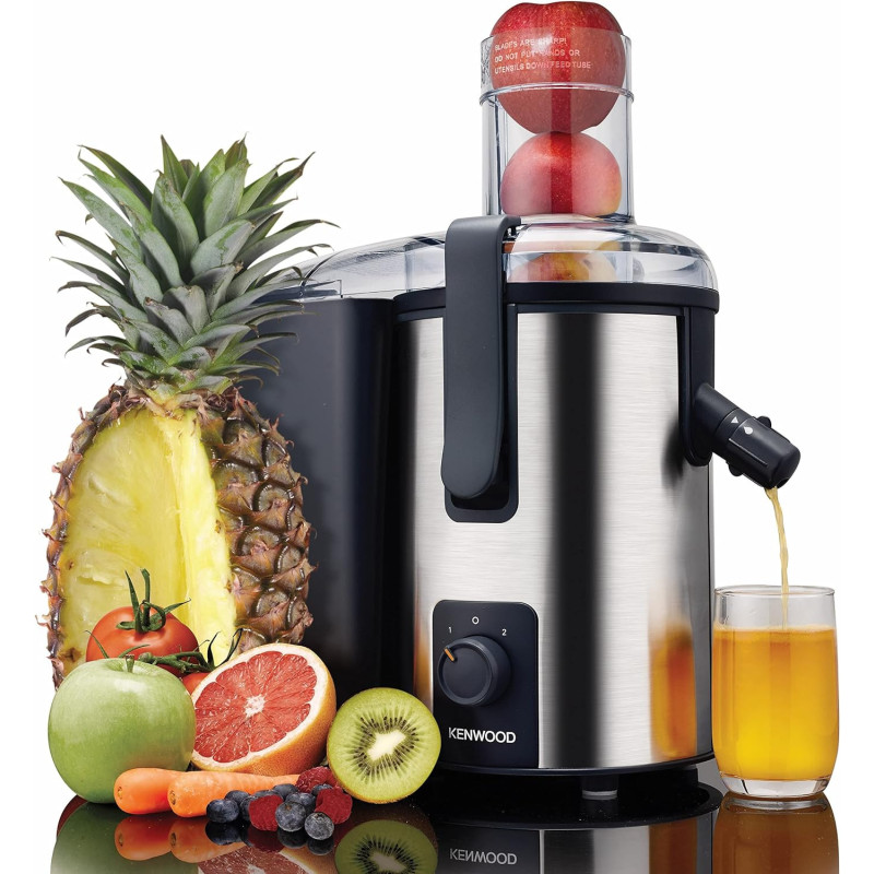 Kenwood Juicer 700W Stainless Steel Juice Extractor With 75mm Wide Feed Tube, 2 Speed, Transparent Juice Jug, Pulp Container, Anti Drip For Home, Office, Restaurant And Cafeteria JEM50.000BS, Silver And Black, 1 Year Warranty