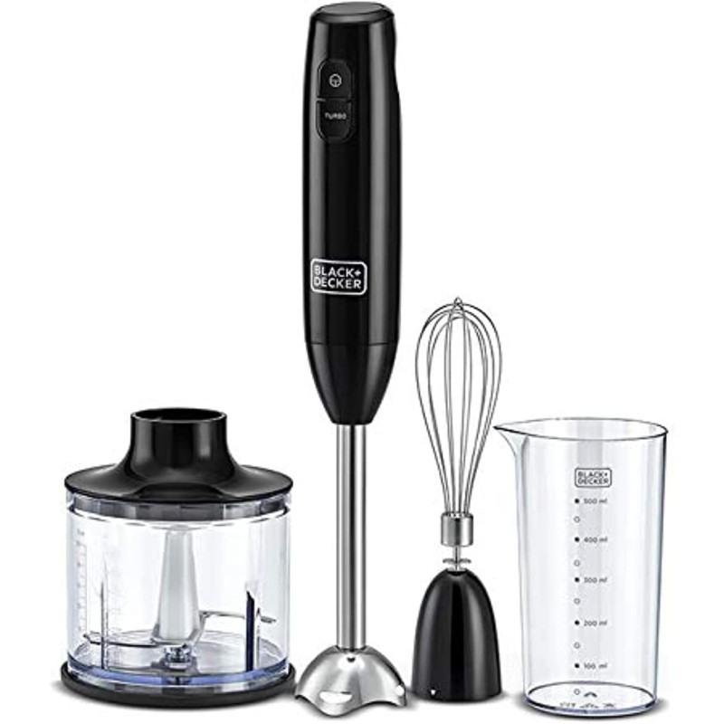 Black+Decker 600W 600ml Hand Blender With Chopper Chopping Bowl, Stainless Steel Blades, 500ml Beaker, 2 Speed Buttons And 3 In1 Functionality, For Blending Chopping Whisking HB600-B5, 1 Year Warranty