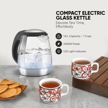 Nikai 1.8L, 2200W Compact, Cordless Electric Glass Kettle Boiler, Automatic Shut Off, Boil Dry Protection, Led Indicator, Integrated Filter, 360 Degree Rotating Base, For Home And Office Use -NK303G/313G, 1 Year Warranty