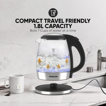 Nikai 1.8L, 2200W Compact, Cordless Electric Glass Kettle Boiler, Automatic Shut Off, Boil Dry Protection, Led Indicator, Integrated Filter, 360 Degree Rotating Base, For Home And Office Use -NK303G/313G, 1 Year Warranty