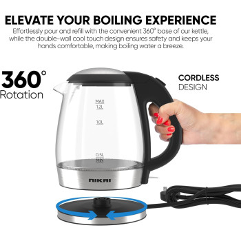 Nikai 1.8L, 2200W Compact, Cordless Electric Glass Kettle Boiler, Automatic Shut Off, Boil Dry Protection, Led Indicator, Integrated Filter, 360 Degree Rotating Base, For Home And Office Use -NK303G/313G, 1 Year Warranty