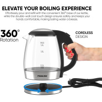 Nikai 1.8L, 2200W Compact, Cordless Electric Glass Kettle Boiler, Automatic Shut Off, Boil Dry Protection, Led Indicator, Integrated Filter, 360 Degree Rotating Base, For Home And Office Use -NK303G/313G, 1 Year Warranty