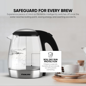 Nikai 1.8L, 2200W Compact, Cordless Electric Glass Kettle Boiler, Automatic Shut Off, Boil Dry Protection, Led Indicator, Integrated Filter, 360 Degree Rotating Base, For Home And Office Use -NK303G/313G, 1 Year Warranty