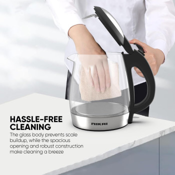 Nikai 1.8L, 2200W Compact, Cordless Electric Glass Kettle Boiler, Automatic Shut Off, Boil Dry Protection, Led Indicator, Integrated Filter, 360 Degree Rotating Base, For Home And Office Use -NK303G/313G, 1 Year Warranty