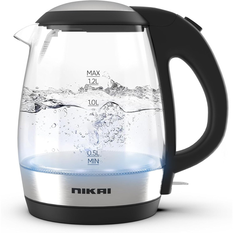 Nikai 1.8L, 2200W Compact, Cordless Electric Glass Kettle Boiler, Automatic Shut Off, Boil Dry Protection, Led Indicator, Integrated Filter, 360 Degree Rotating Base, For Home And Office Use -NK303G/313G, 1 Year Warranty