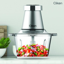 Clikon 2 Litre Electric Food Chopper Meat Processor With Garlic Skin Peeler Attachment, 2 Speed Setting, Detachable Stainless Steel Quad Blades, 350 Watts, 2 Year Warranty, Silver