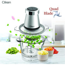 Clikon 2 Litre Electric Food Chopper Meat Processor With Garlic Skin Peeler Attachment, 2 Speed Setting, Detachable Stainless Steel Quad Blades, 350 Watts, 2 Year Warranty, Silver