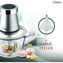 Clikon 2 Litre Electric Food Chopper Meat Processor With Garlic Skin Peeler Attachment, 2 Speed Setting, Detachable Stainless Steel Quad Blades, 350 Watts, 2 Year Warranty, Silver