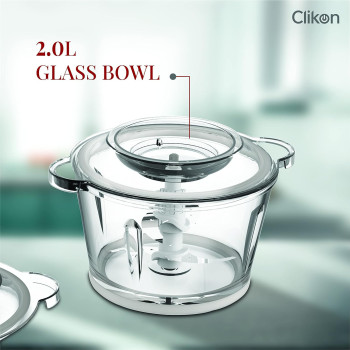 Clikon 2 Litre Electric Food Chopper Meat Processor With Garlic Skin Peeler Attachment, 2 Speed Setting, Detachable Stainless Steel Quad Blades, 350 Watts, 2 Year Warranty, Silver