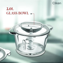 Clikon 2 Litre Electric Food Chopper Meat Processor With Garlic Skin Peeler Attachment, 2 Speed Setting, Detachable Stainless Steel Quad Blades, 350 Watts, 2 Year Warranty, Silver