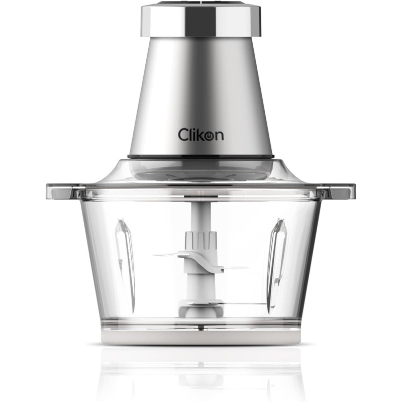 Clikon 2 Litre Electric Food Chopper Meat Processor With Garlic Skin Peeler Attachment, 2 Speed Setting, Detachable Stainless Steel Quad Blades, 350 Watts, 2 Year Warranty, Silver
