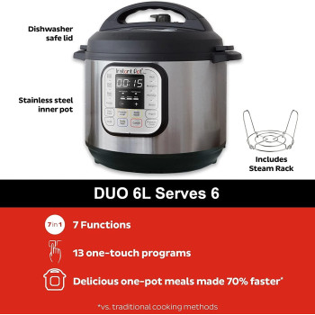 Instant Duo6, 1000W 7-In-1 Smart Multi Cooker, 5.7L Electric Pressure Cooker, Slow Cooker, Rice Cooker, Saute Pan, Yoghurt Maker, Steamer And Food Warmer, Stainless Steel, 2 Years Warranty