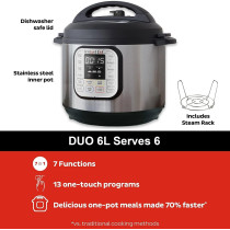 Instant Duo6, 1000W 7-In-1 Smart Multi Cooker, 5.7L Electric Pressure Cooker, Slow Cooker, Rice Cooker, Saute Pan, Yoghurt Maker, Steamer And Food Warmer, Stainless Steel, 2 Years Warranty