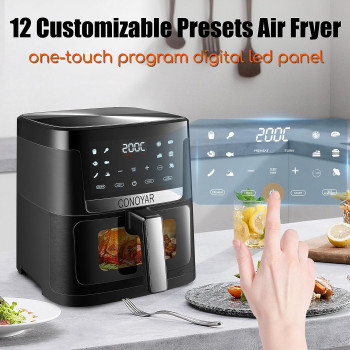 Conoyar Air Fryer 7L With Window, Stainless Steel Air Fryer Oven Led Touch Screen For 12 Presets, Easy Clean Airfryer For Home Of 4 With Automatic Shut Off, Oilless, Ptfe Free, Dishwasher Safe, 1800W, 1 Year Warranty
