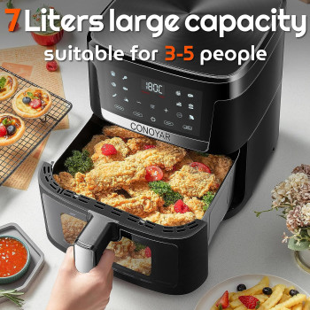 Conoyar Air Fryer 7L With Window, Stainless Steel Air Fryer Oven Led Touch Screen For 12 Presets, Easy Clean Airfryer For Home Of 4 With Automatic Shut Off, Oilless, Ptfe Free, Dishwasher Safe, 1800W, 1 Year Warranty