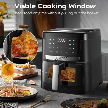 Conoyar Air Fryer 7L With Window, Stainless Steel Air Fryer Oven Led Touch Screen For 12 Presets, Easy Clean Airfryer For Home Of 4 With Automatic Shut Off, Oilless, Ptfe Free, Dishwasher Safe, 1800W, 1 Year Warranty