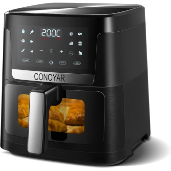 Conoyar Air Fryer 7L With Window, Stainless Steel Air Fryer Oven Led Touch Screen For 12 Presets, Easy Clean Airfryer For Home Of 4 With Automatic Shut Off, Oilless, Ptfe Free, Dishwasher Safe, 1800W, 1 Year Warranty