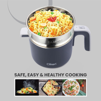 Clikon 1.2 Liter Electric Cooker, Boil Dry Protection, Stainless Steel Body With Plastic Housing, Stainless Steel Steamer, Water Level, Cool Touch Handle With Indicator, 720 Watts, Grey - CK4274, 1 Year Warranty