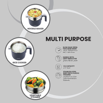 Clikon 1.2 Liter Electric Cooker, Boil Dry Protection, Stainless Steel Body With Plastic Housing, Stainless Steel Steamer, Water Level, Cool Touch Handle With Indicator, 720 Watts, Grey - CK4274, 1 Year Warranty