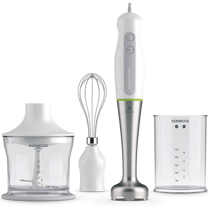 Kenwood Hand Blender 600W With 500Ml Chopper, 500Ml Beaker, Whisk, Stainless Steel Wand, Triblade Technology Hdp109Wg White, 1 Year Warranty
