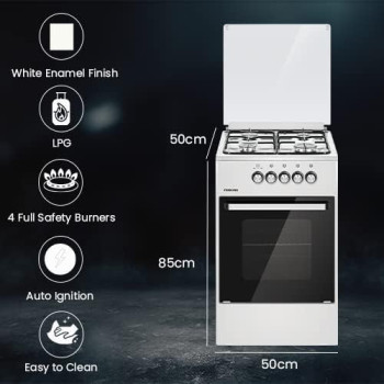 Nikai 50X50Cm 4 Burner Freestanding Gas Cooker, Grill Function With Tray And Grid, Glass Lid, Enamel Pan Support Convenient For Cleaning, For Home, Kitchen And Camps, Made In Turkey - U2110N5 N10 White, 1 Year Warranty