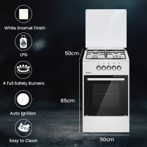 Nikai 50X50Cm 4 Burner Freestanding Gas Cooker, Grill Function With Tray And Grid, Glass Lid, Enamel Pan Support Convenient For Cleaning, For Home, Kitchen And Camps, Made In Turkey - U2110N5 N10 White, 1 Year Warranty