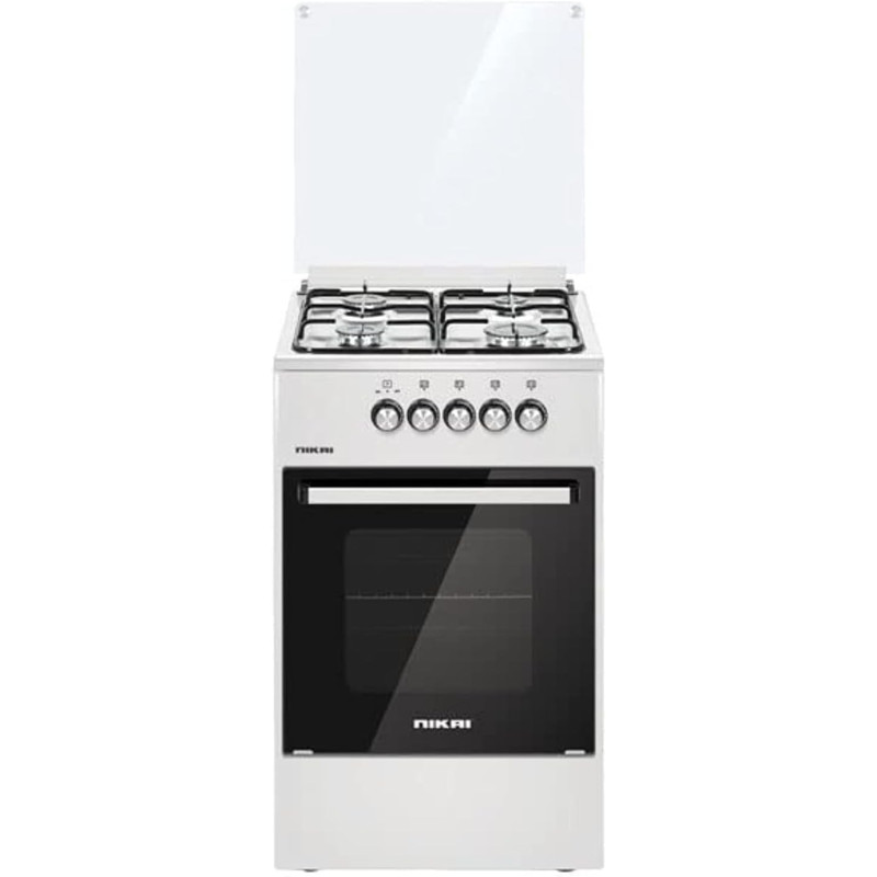 Nikai 50X50Cm 4 Burner Freestanding Gas Cooker, Grill Function With Tray And Grid, Glass Lid, Enamel Pan Support Convenient For Cleaning, For Home, Kitchen And Camps, Made In Turkey - U2110N5 N10 White, 1 Year Warranty