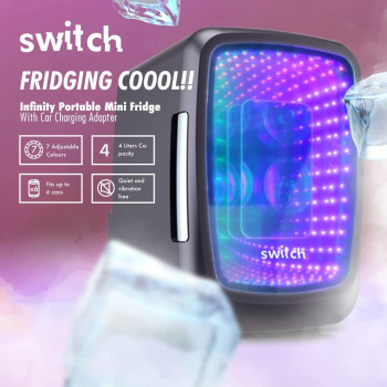 Switch Infinity Portable Mini Fridge, 4L Capacity For Food, Beverages, Skincare, Cosmetics And More, Fits 6 Cans, Adjustable LED Colors, Car And Home Charging, Compact, For Home, Office, Outdoors, 1 Year Warranty