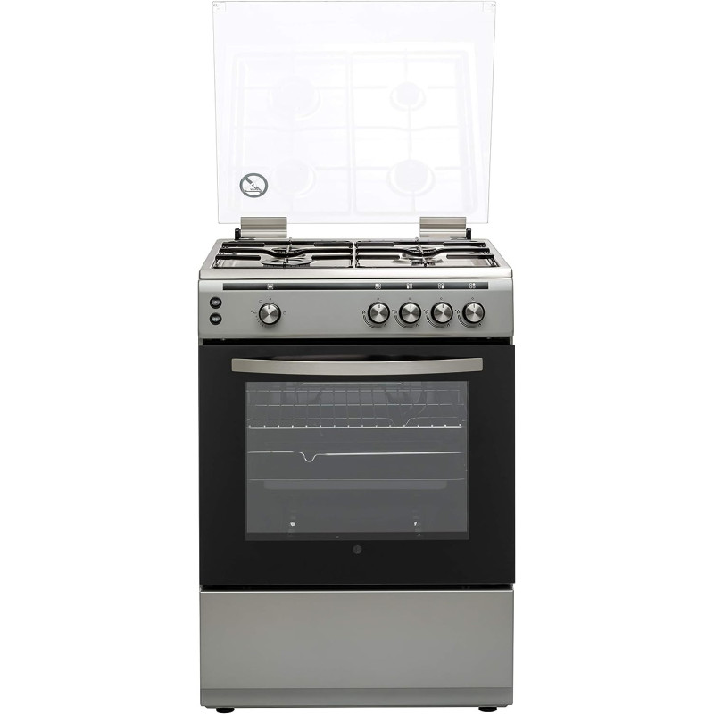 Hoover 60 X 60 Cm Full Gas Cooker And Grill, Full Safety Cooking Range With 4 Burners And Oven, Enamel Pan Support, Auto Ignition, Push Botton Knobs, FGC6060-S1V (Silver), 1 Year Warranty