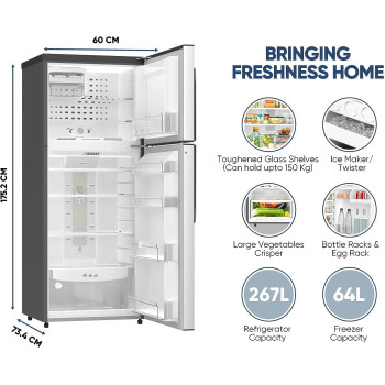 Nikai 267L Refrigerator + 64L Freezer Capacity Double Door Refrigerator, No Frost Top Mount Fridge, R600A Power Saving, CFC Free, 10 Years Inverter Compressor Warranty, St Steel Finish, Made In India-NRF500FSS