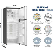 Nikai 267L Refrigerator + 64L Freezer Capacity Double Door Refrigerator, No Frost Top Mount Fridge, R600A Power Saving, CFC Free, 10 Years Inverter Compressor Warranty, St Steel Finish, Made In India-NRF500FSS