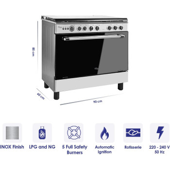 Super General Freestanding Gas-Cooker 5-Burner Full-Safety, Steel Cooker, Gas Oven With Thermostat, Rotisserie, Automatic Ignition, Silver, 90 X 60 X 85 Cm, SGC-901-FS, 1 Year Warranty