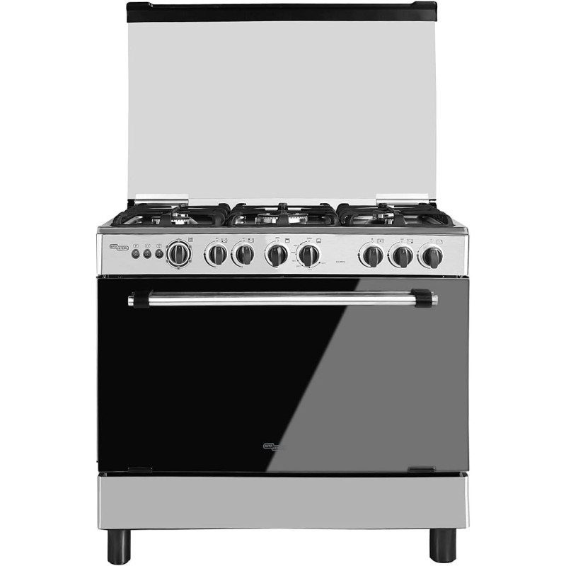Super General Freestanding Gas-Cooker 5-Burner Full-Safety, Steel Cooker, Gas Oven With Thermostat, Rotisserie, Automatic Ignition, Silver, 90 X 60 X 85 Cm, SGC-901-FS, 1 Year Warranty