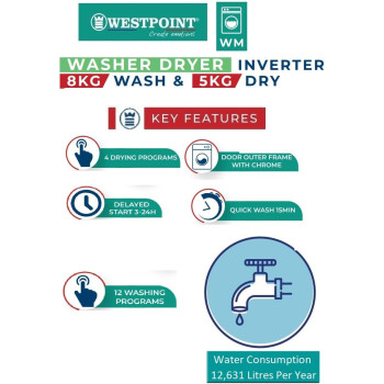 Westpoint Washer Dryer 8 5 Kg, Fully Automatic Front Load Combo Wash And Dry, 8 Kg Wash And 5 Kg Dry, 1400 Rpm, 12 Wash Programs, Quick Wash In 15Min And 4 Drying Programs - WDMT-81420E, 1 Year Warranty