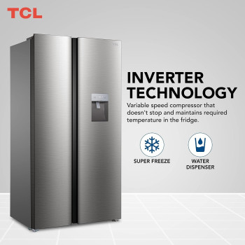 TCL 790 Litre Side By Side Door Refrigerator, Water Dispenser, Twin Eco Inverter, Electronic Touch Display, Freeze, Twist Ice Maker, Inox Finish, P790SBSNWD With 1 Year Warranty