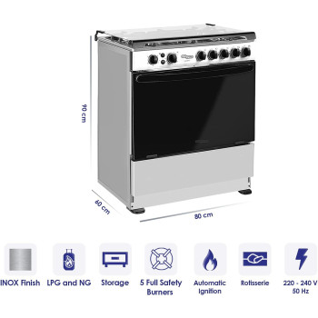 Super General 80 X 60 Cm, 5 Gas Burners, Gas Oven With Rotisserie Free Standing Gas Cooker, Stainless Steel - SGC801FS, 1 Year Warranty