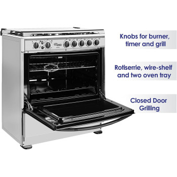 Super General 80 X 60 Cm, 5 Gas Burners, Gas Oven With Rotisserie Free Standing Gas Cooker, Stainless Steel - SGC801FS, 1 Year Warranty