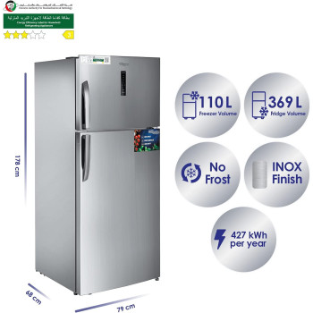 Super General 610 Litres Gross Top-Mount Refrigerator-Freezer, No-Frost, Inverter, Electronic Temperature-Control, Lock And Key, Silver, SGR615L, 79 X 68 X 178 Cm, 1 Year Warranty