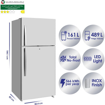 Super General 750 Litres Gross Double Door Refrigerator-Freezer, No-Frost, Interior LED, Lock And Key, Inox, SGR-845-SS, 83.4 X 82 X 184.1 Cm, 1 Year Warranty