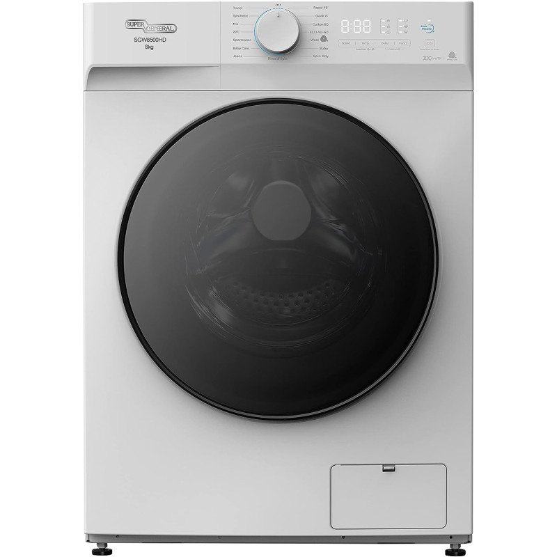 Super General 8 Kg Front Loading Washing Machine SGW-8500-HD, 1400 RPM Washer, Energy-Efficient, Hidden Led-Display, Silver, 15 Programs, 1 Year Warranty