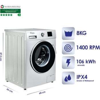 Super General 8 Kg Front Loading Washing Machine SGW-8400-CRMS, 1400 RPM Washer, Water-Saving, Energy-Efficient Front-Loader, Silver, 16 Programs, 1 Year Warranty