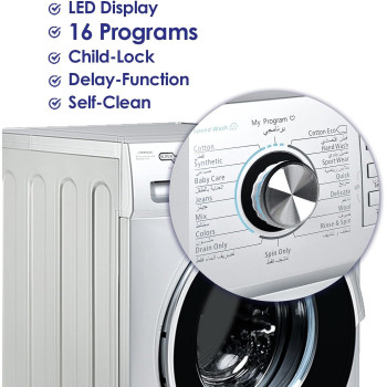 Super General 8 Kg Front Loading Washing Machine SGW-8400-CRMS, 1400 RPM Washer, Water-Saving, Energy-Efficient Front-Loader, Silver, 16 Programs, 1 Year Warranty