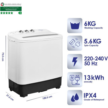 Super General 6 Kg Twin-Tub Semi-Automatic Washing Machine, White, Efficient Top-Load Washer With Lint Filter, Spin-Dry, SGW-60, 73.5 X 51.2 X 100.5 Cm, 1 Year Warranty