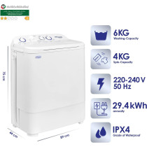 Super General 6 Kg Twin-Tub, Semi-Automatic Washing Machine, White, Efficient Top-Load Washer With Low Noise Gear Box, Spin-Dry, SGW-610-X, 75 X 44 X 89 Cm, 1 Year Warranty